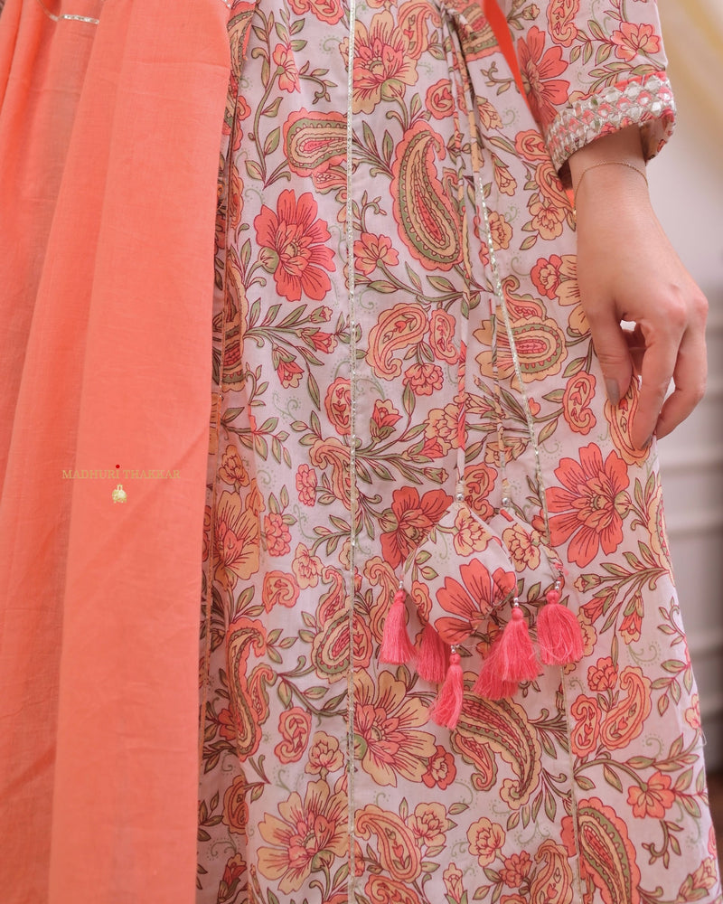 Peach Floral Pure Cotton A Line Suit