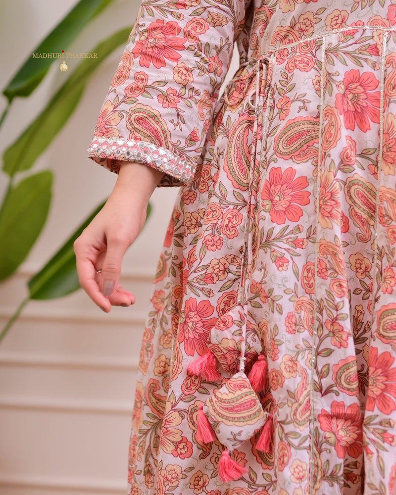 Peach Floral Pure Cotton A Line Suit