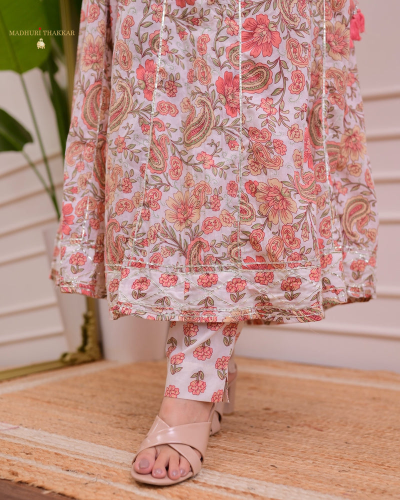 Peach Floral Pure Cotton A Line Suit