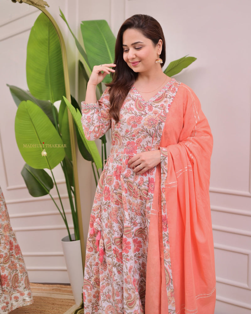 Peach Floral Pure Cotton A Line Suit