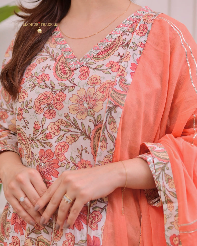 Peach Floral Pure Cotton A Line Suit