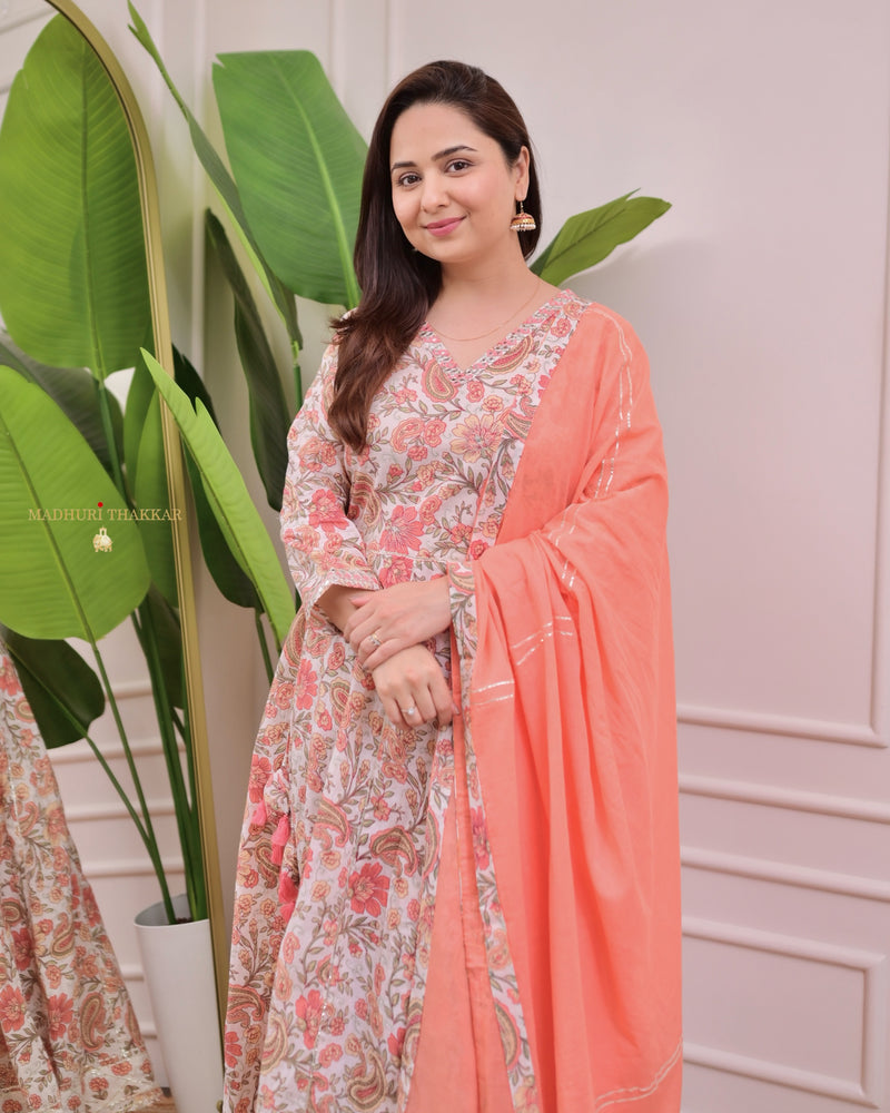 Peach Floral Pure Cotton A Line Suit