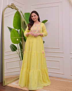 Yellow Threadwork Mul Cotton A Line Maxi Dress