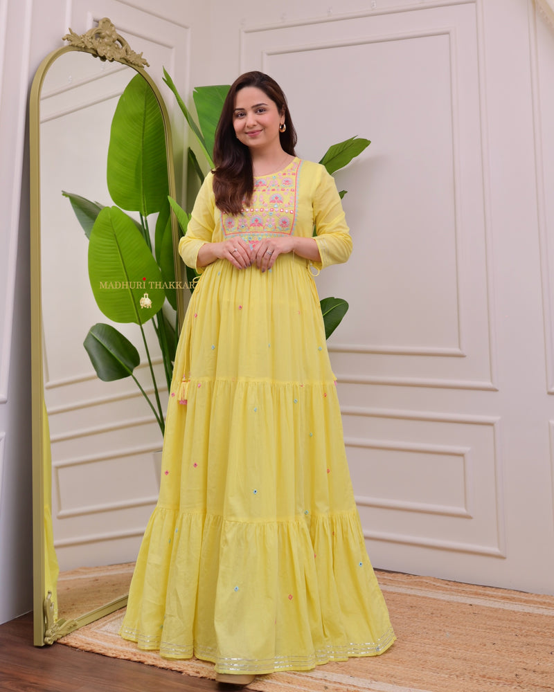 Yellow Threadwork Mul Cotton A Line Maxi Dress