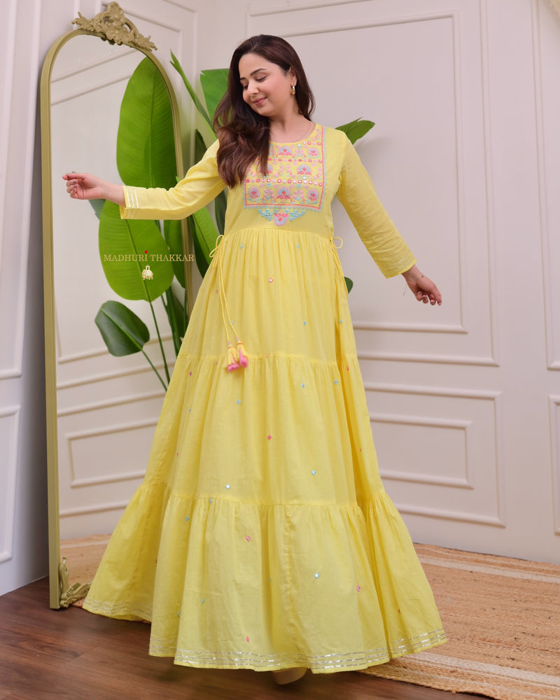 Yellow Threadwork Mul Cotton A Line Maxi Dress