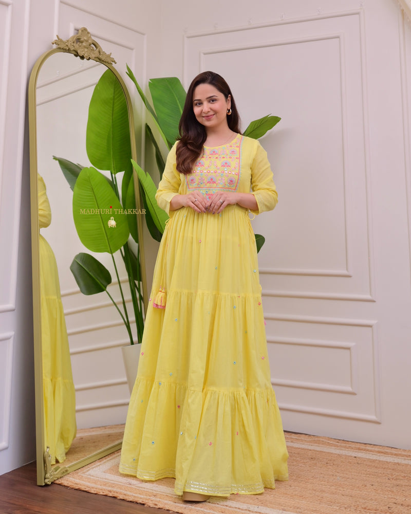 Yellow Threadwork Mul Cotton A Line Maxi Dress