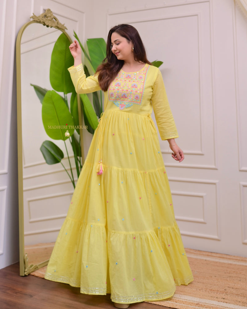 Yellow Threadwork Mul Cotton A Line Maxi Dress