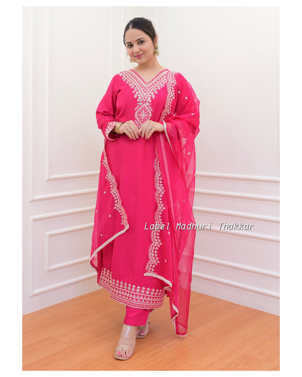 Pink Muslin Embroidered Suit