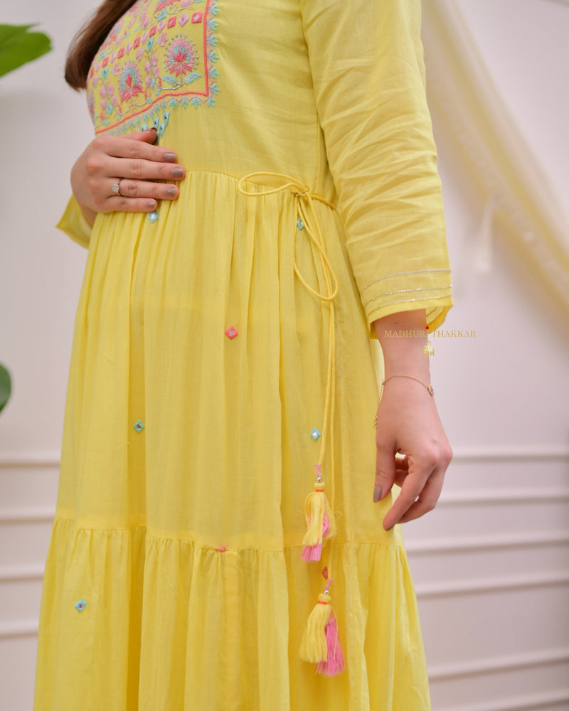 Yellow Threadwork Mul Cotton A Line Maxi Dress