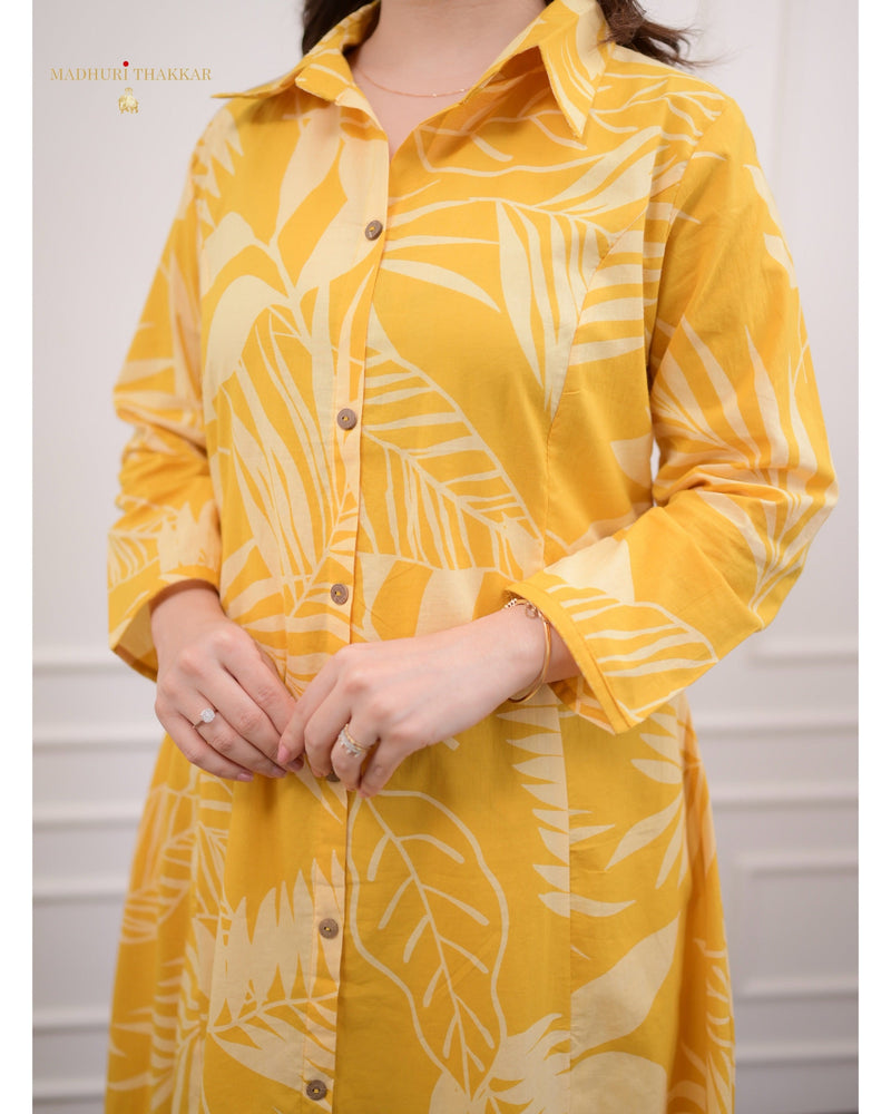 Yellow Leaf Print Cotton Co-ord