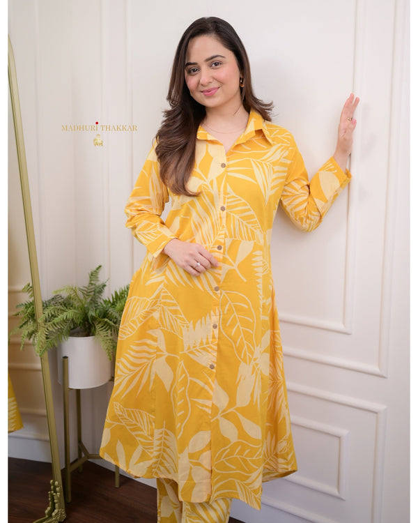 Yellow Leaf Print Cotton Co-ord