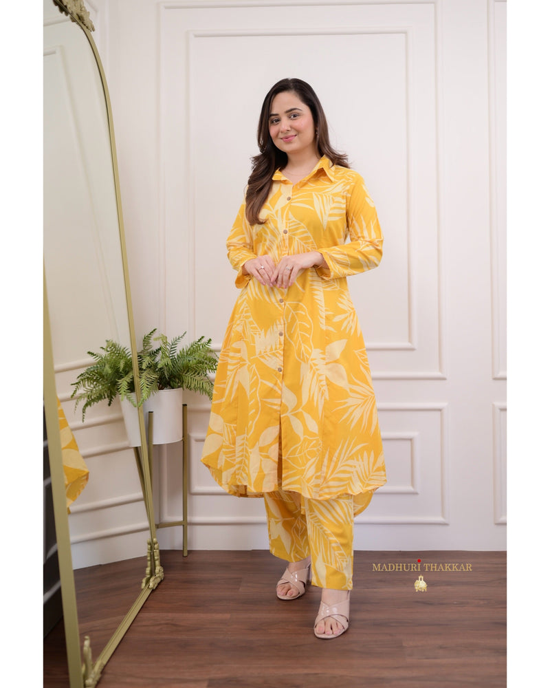 Yellow Leaf Print Cotton Co-ord