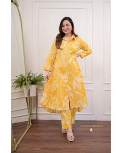 Yellow Leaf Print Cotton Co-ord