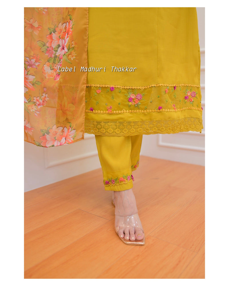 Mustard Yellow Threadwork A Line Silk Suit