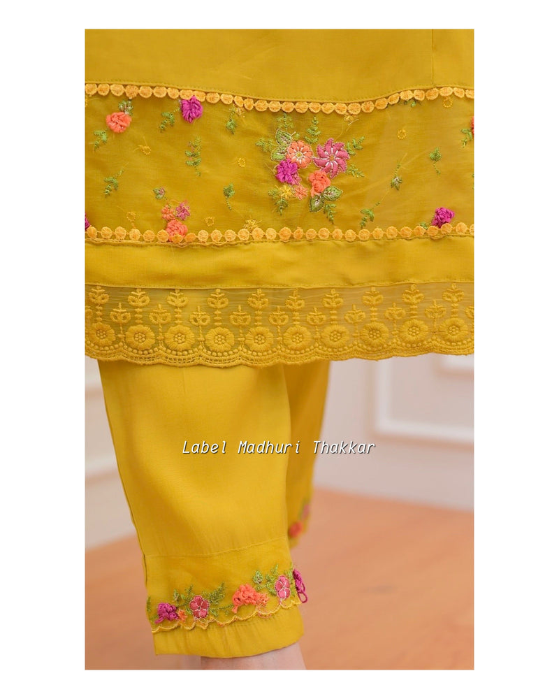 Mustard Yellow Threadwork A Line Silk Suit