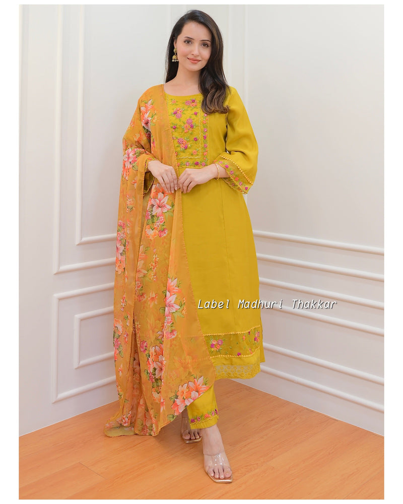 Mustard Yellow Threadwork A Line Silk Suit