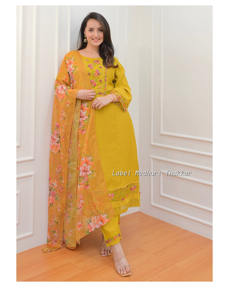 Mustard Yellow Threadwork A Line Silk Suit