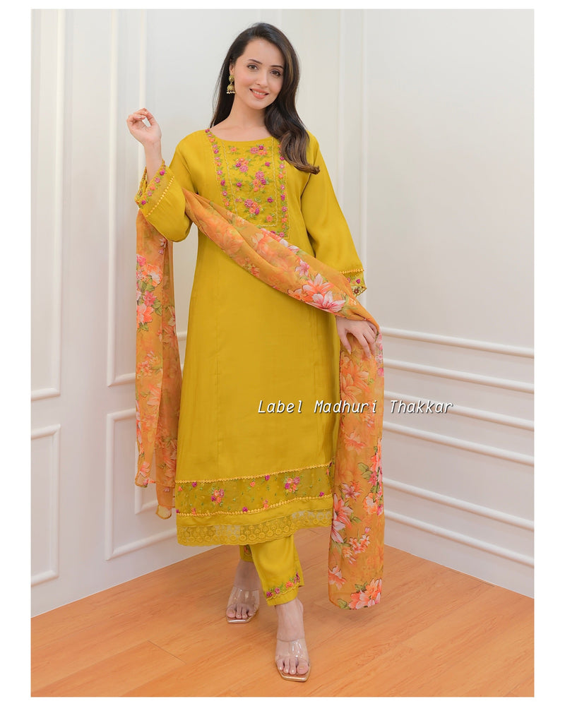 Mustard Yellow Threadwork A Line Silk Suit