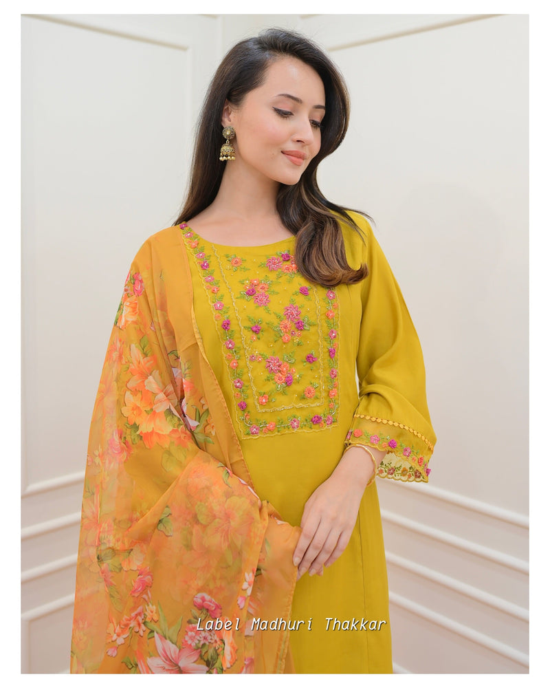 Mustard Yellow Threadwork A Line Silk Suit