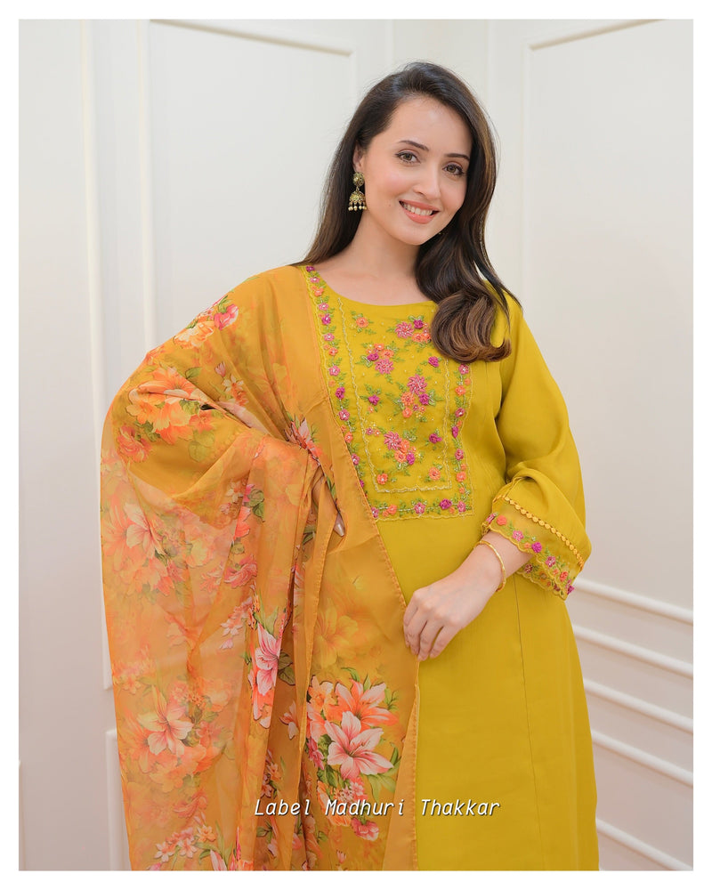 Mustard Yellow Threadwork A Line Silk Suit