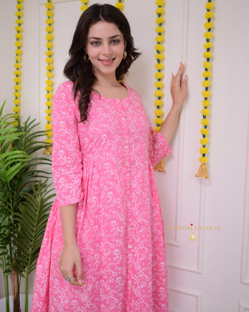 Baby Pink White Floral Cotton Kurta Set