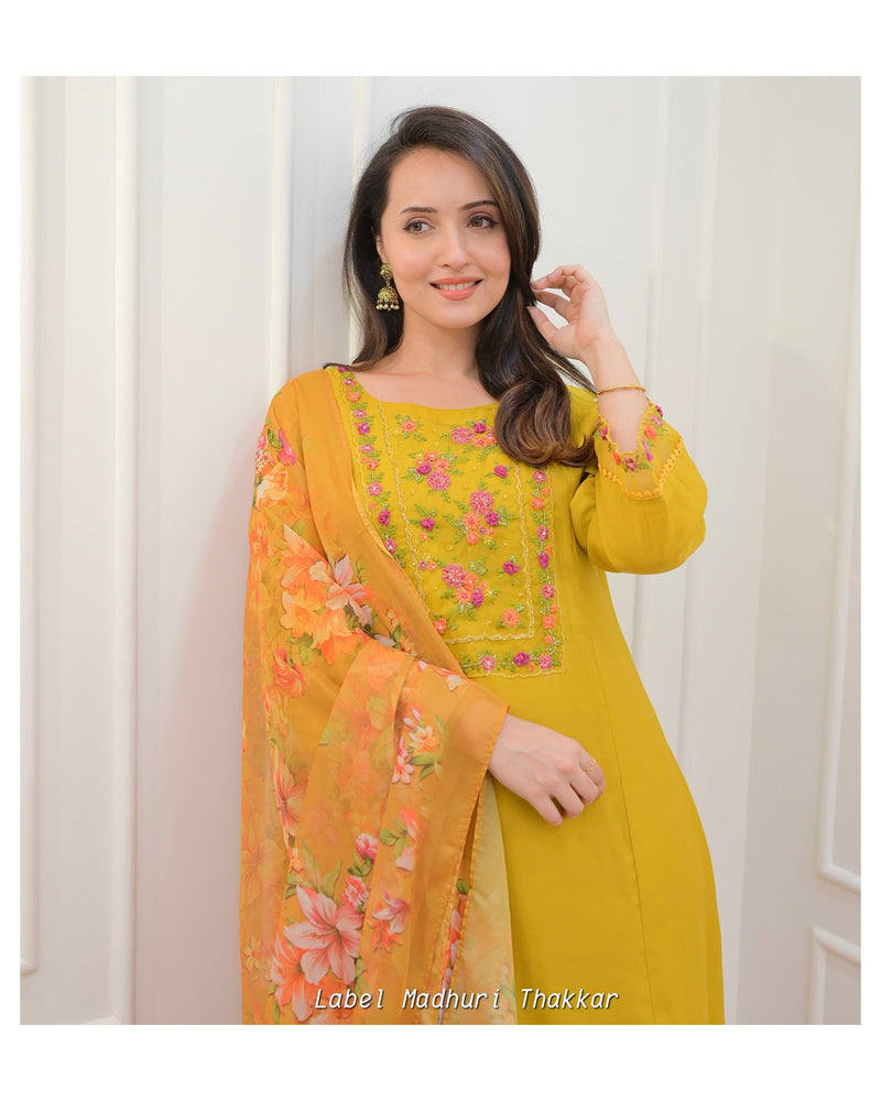 Mustard Yellow Threadwork A Line Silk Suit