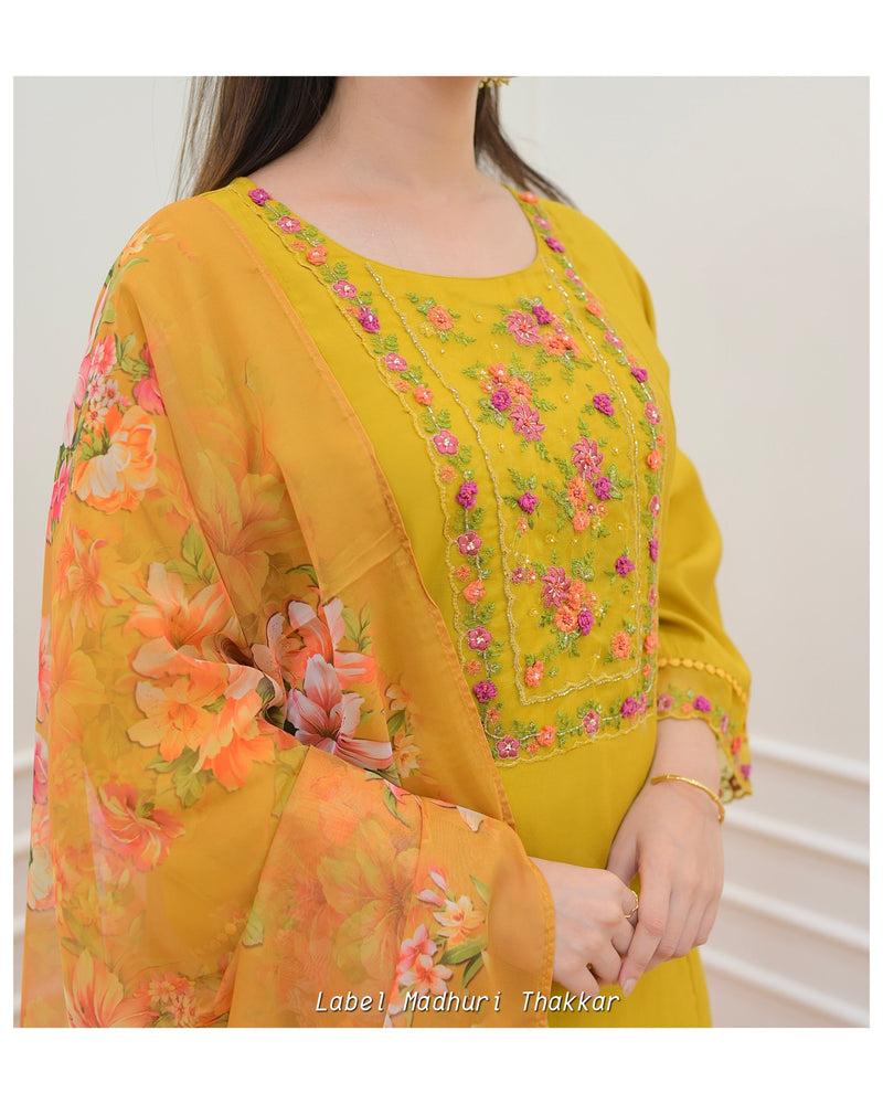 Mustard Yellow Threadwork A Line Silk Suit