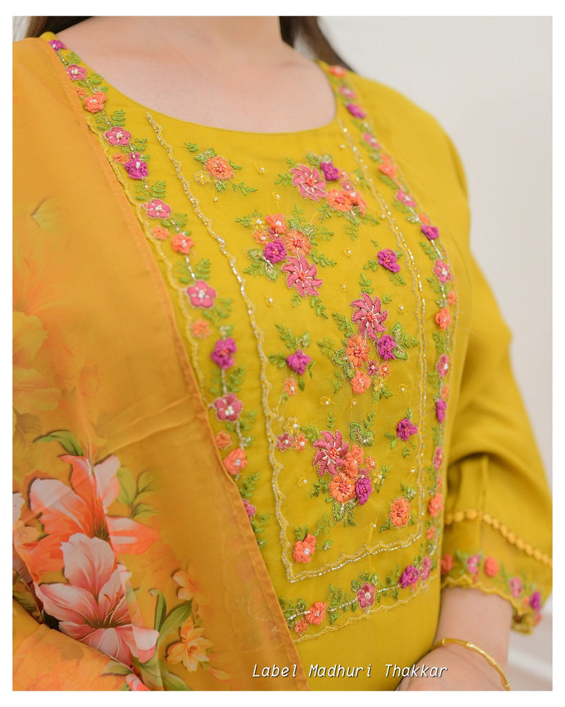 Mustard Yellow Threadwork A Line Silk Suit