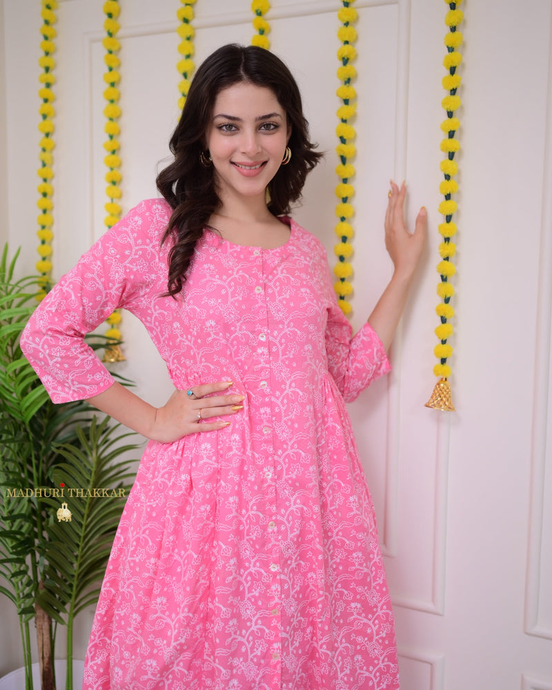 Baby Pink White Floral Cotton Kurta Set