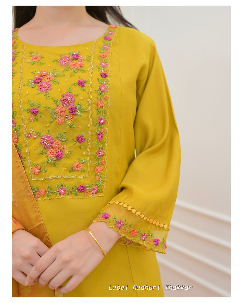 Mustard Yellow Threadwork A Line Silk Suit