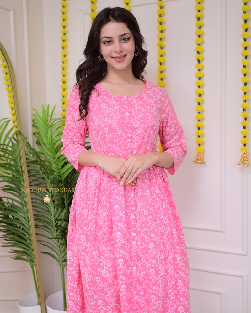 Baby Pink White Floral Cotton Kurta Set