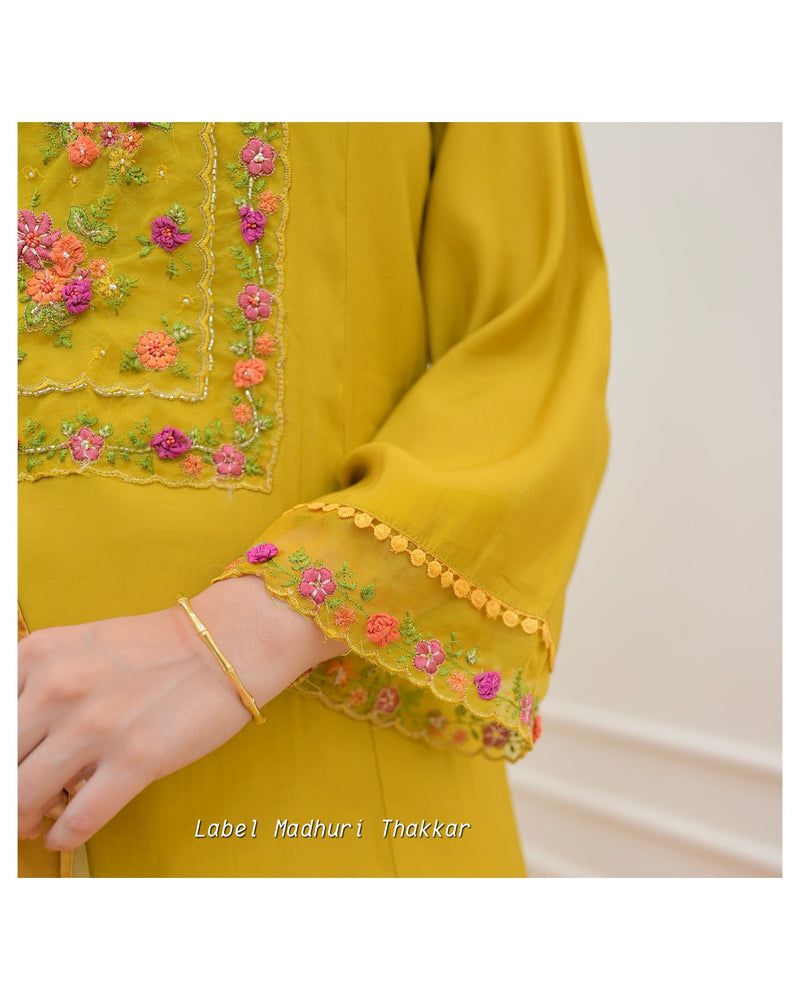 Mustard Yellow Threadwork A Line Silk Suit