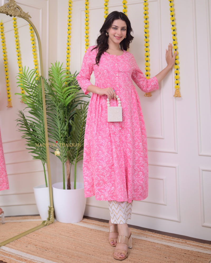 Baby Pink White Floral Cotton Kurta Set