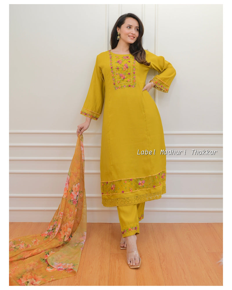 Mustard Yellow Threadwork A Line Silk Suit