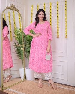 Baby Pink White Floral Cotton Kurta Set