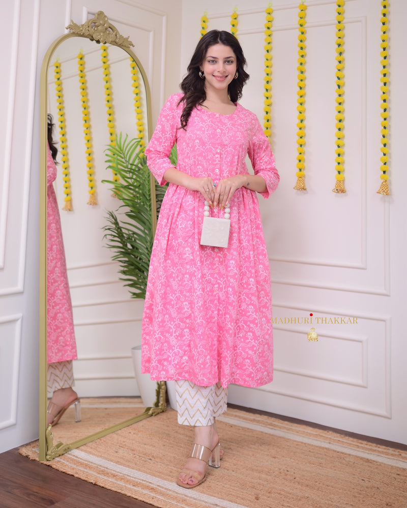 Baby Pink White Floral Cotton Kurta Set