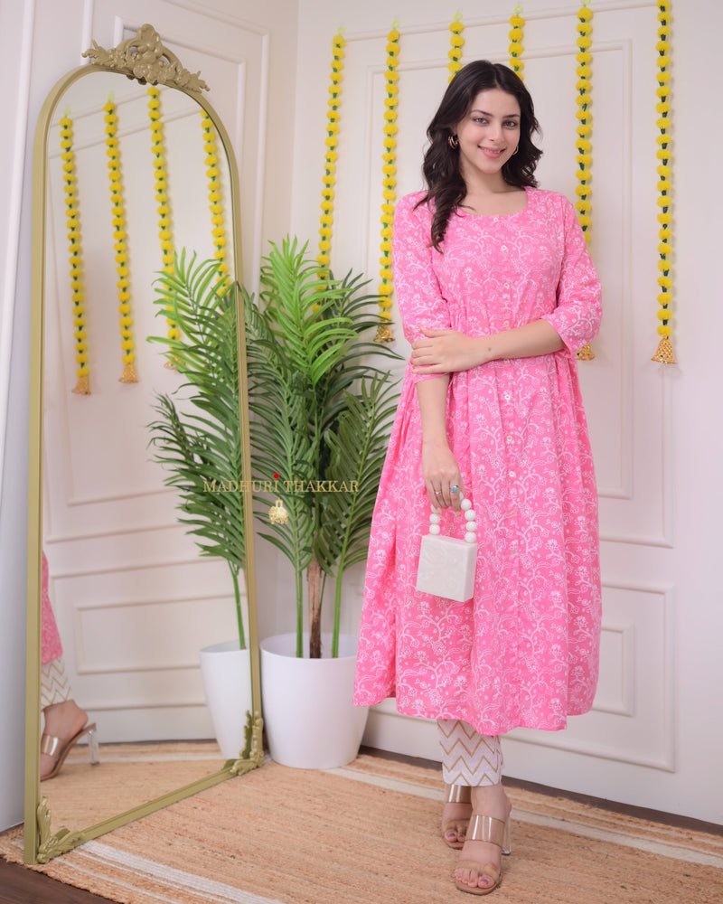 Baby Pink White Floral Cotton Kurta Set