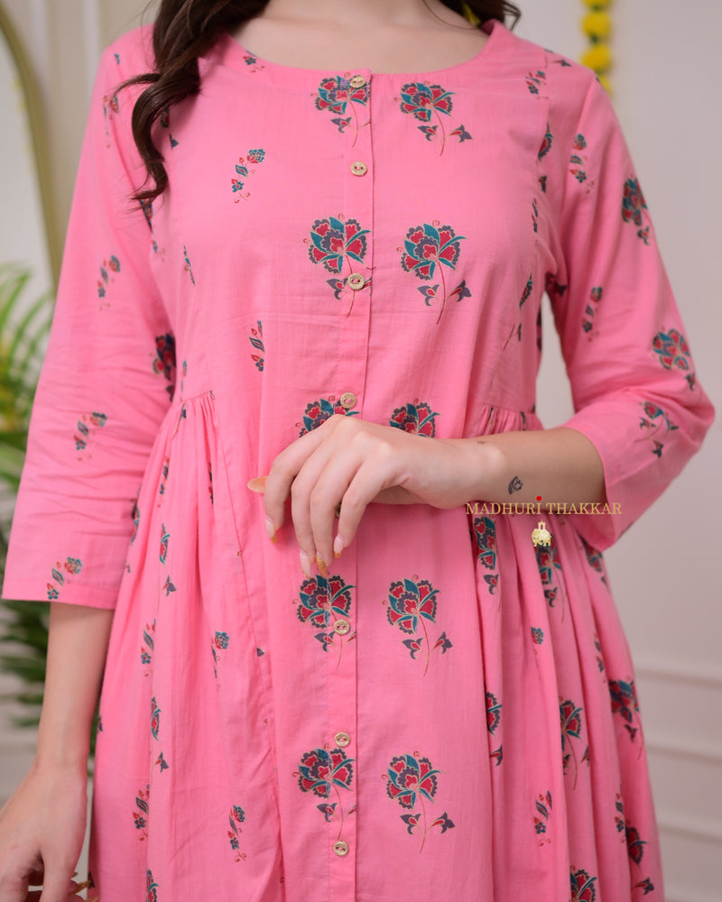 Flamingo Pink Floral Cotton Kurta Set