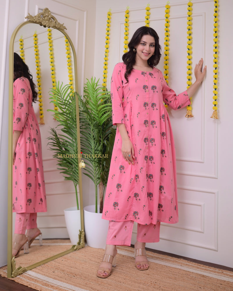 Flamingo Pink Floral Cotton Kurta Set