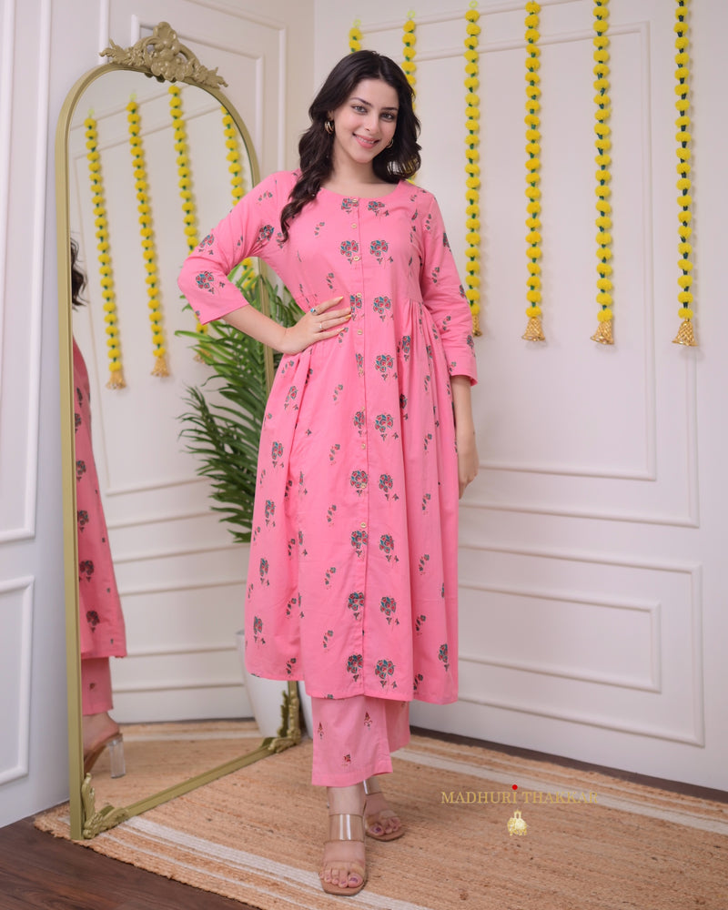 Flamingo Pink Floral Cotton Kurta Set