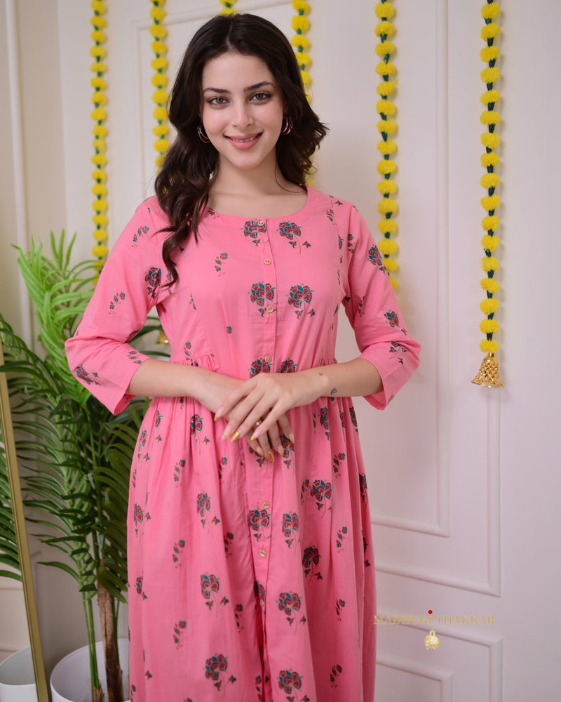 Flamingo Pink Floral Cotton Kurta Set