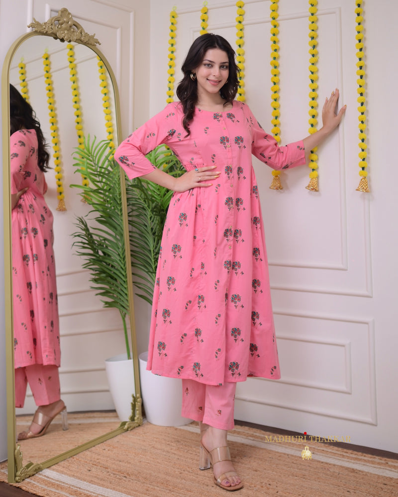 Flamingo Pink Floral Cotton Kurta Set