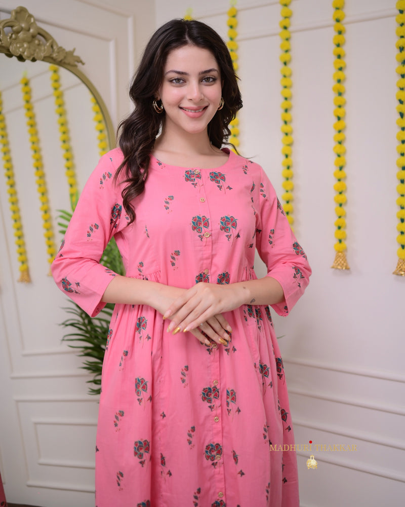 Flamingo Pink Floral Cotton Kurta Set