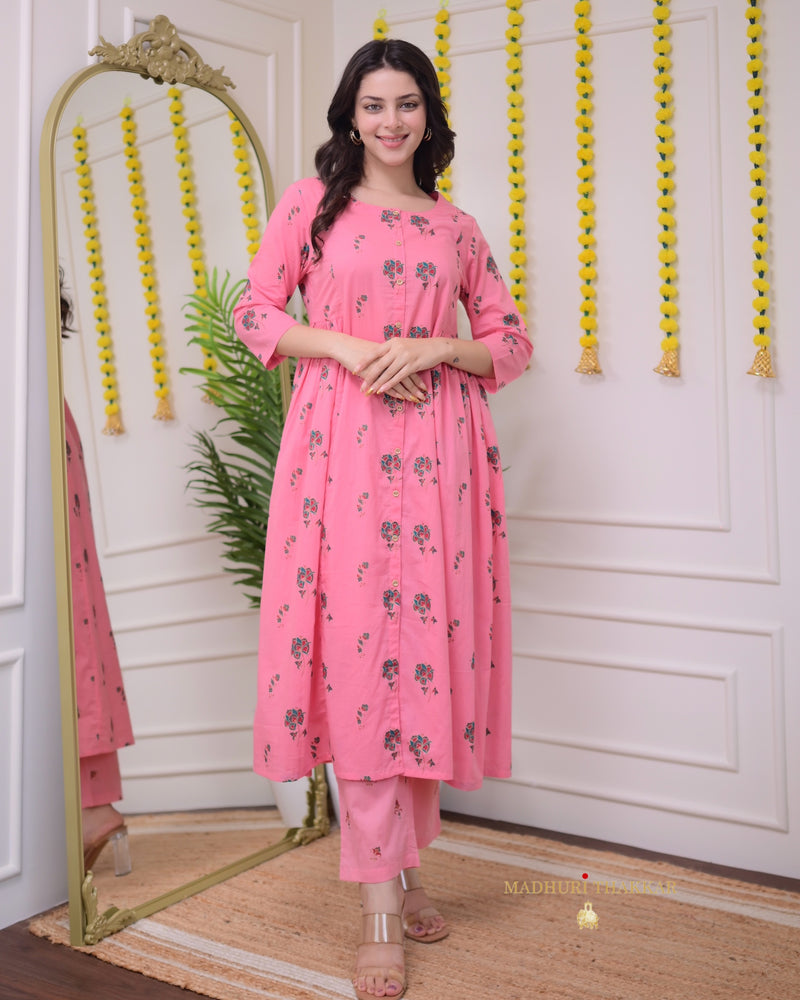 Flamingo Pink Floral Cotton Kurta Set