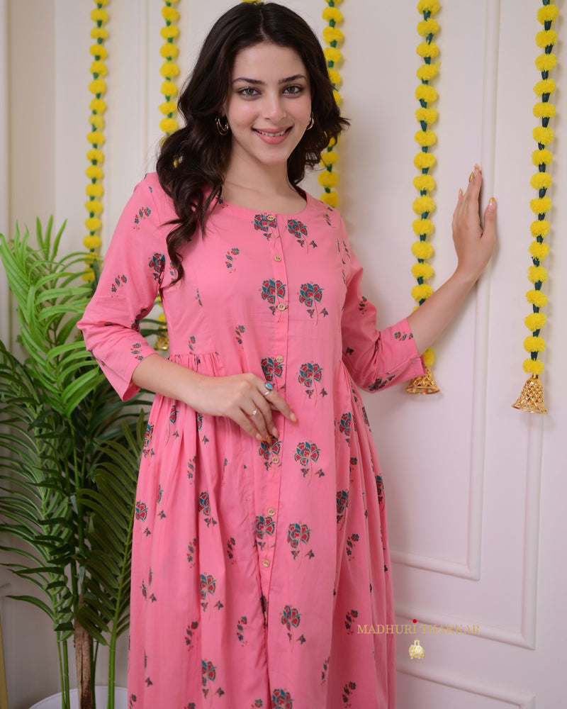 Flamingo Pink Floral Cotton Kurta Set