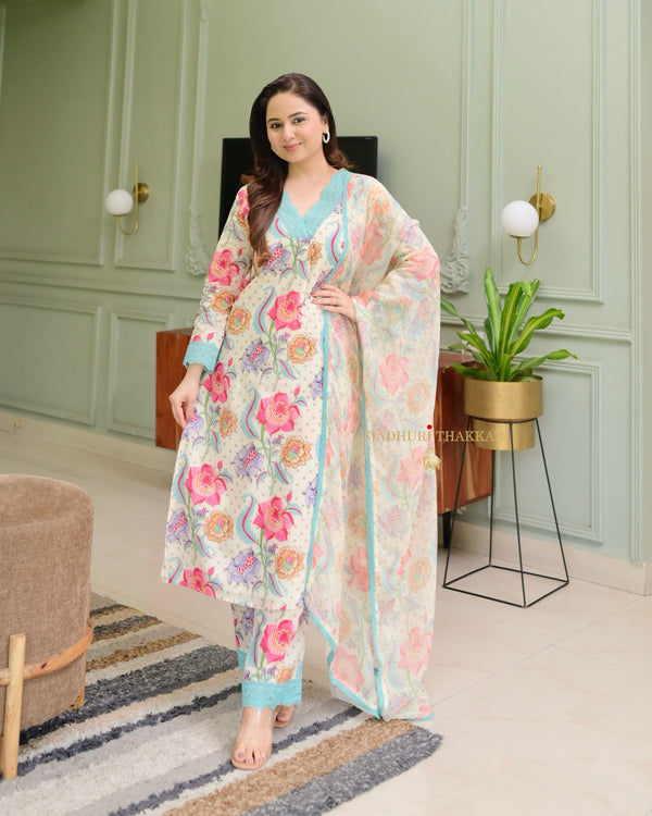 Ivory - Blue Floral Printed Premium Cotton Suit