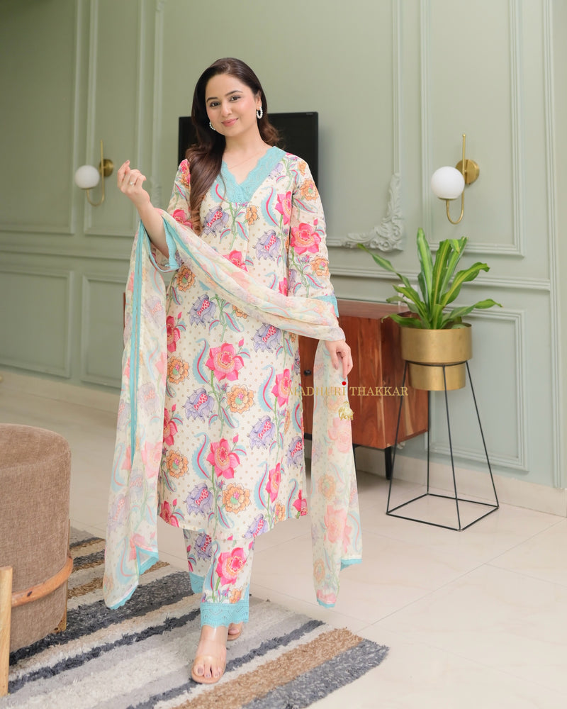 Ivory - Blue Floral Printed Premium Cotton Suit