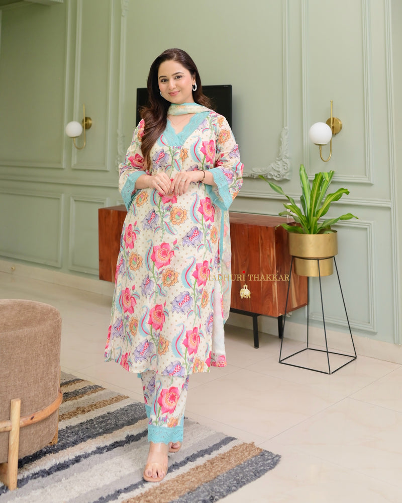 Ivory - Blue Floral Printed Premium Cotton Suit