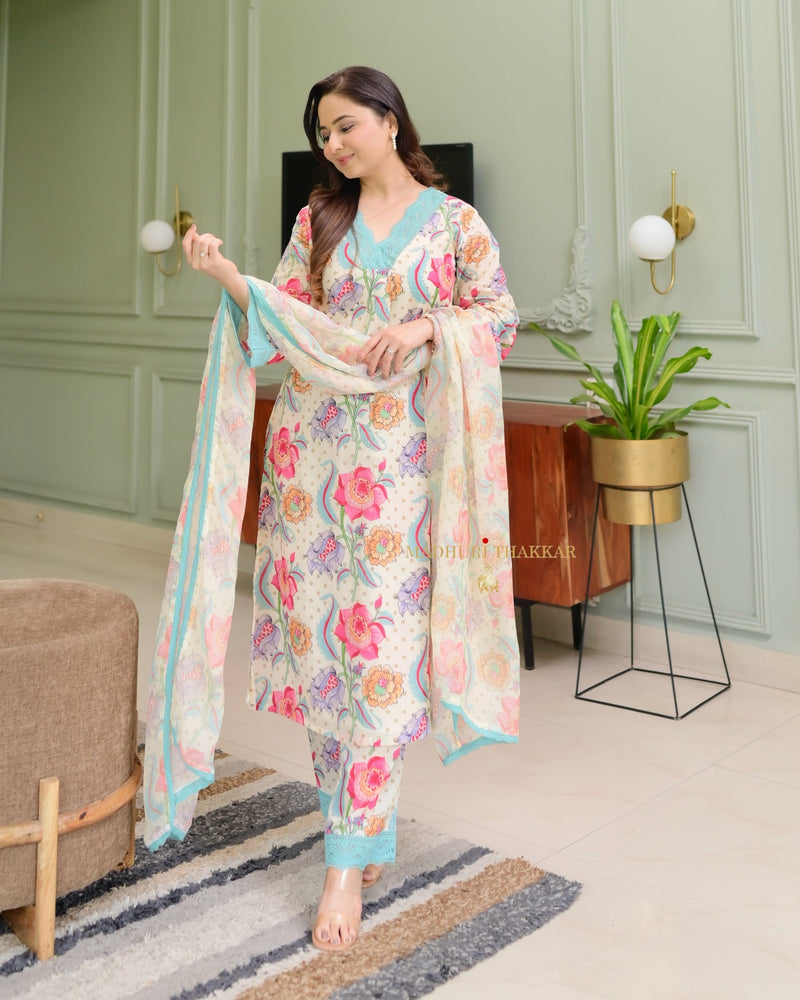 Ivory - Blue Floral Printed Premium Cotton Suit