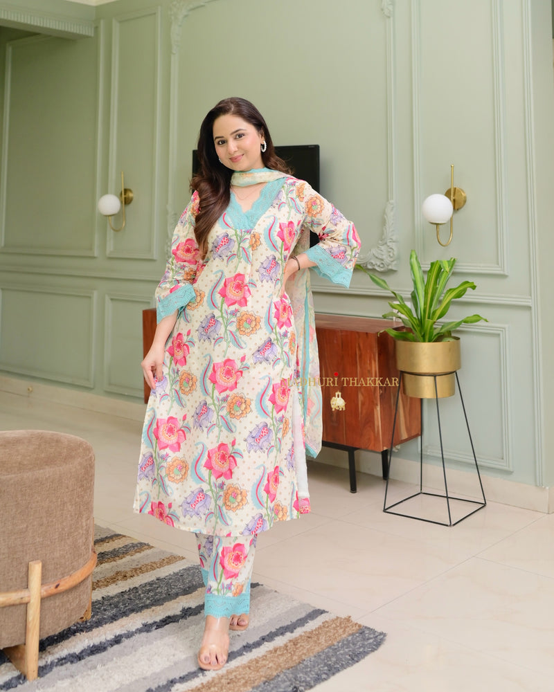 Ivory - Blue Floral Printed Premium Cotton Suit